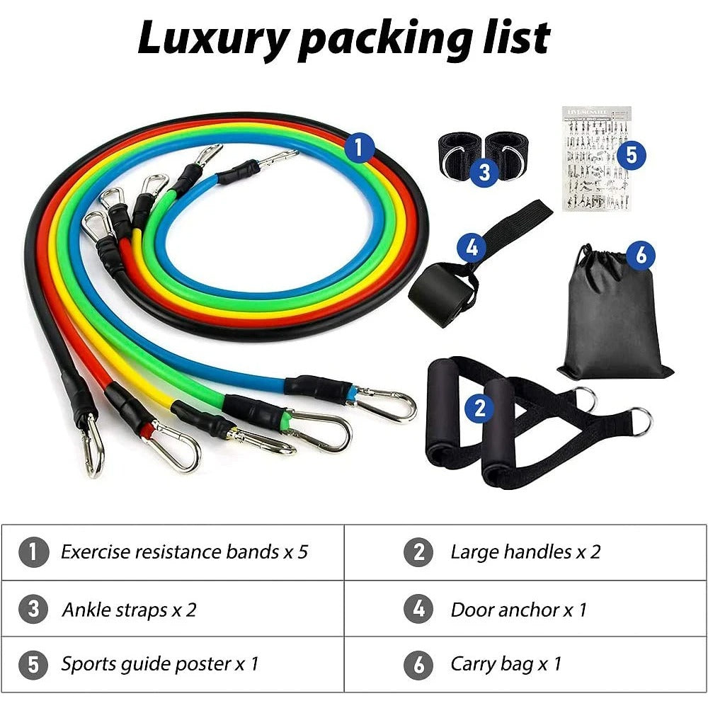 Set of 5 resistance bands with all the product information.