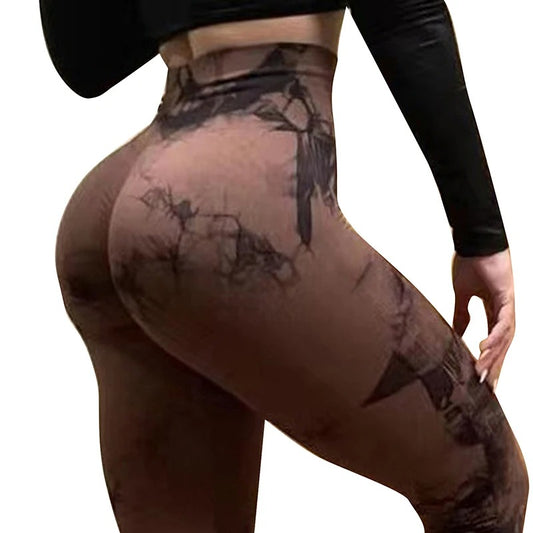 High wasted, tie dye yoga pants. Brown and black pattern.