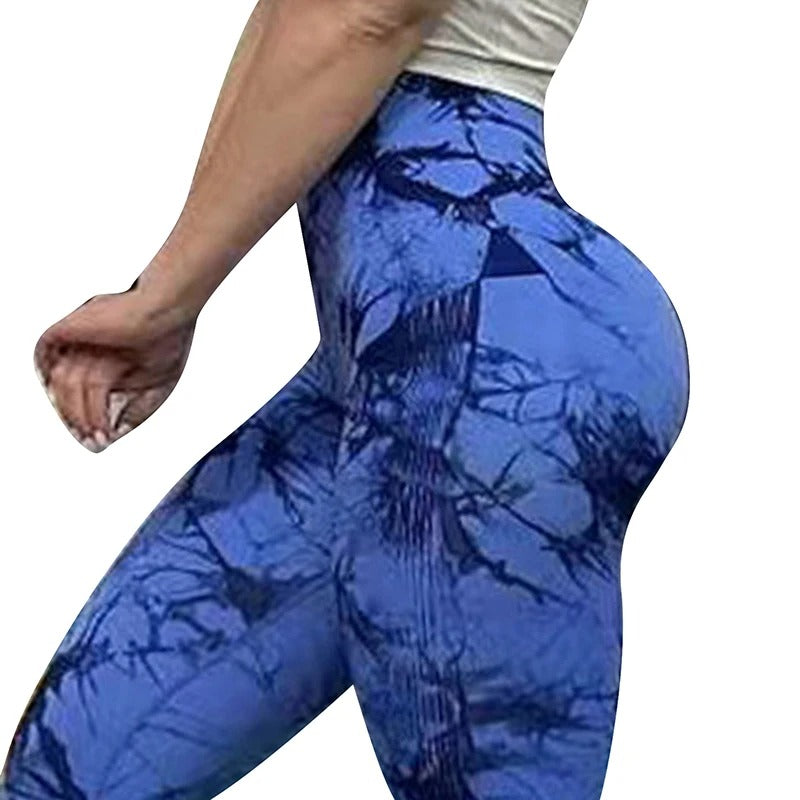 High wasted, tie dye yoga pants. Blue and black pattern.