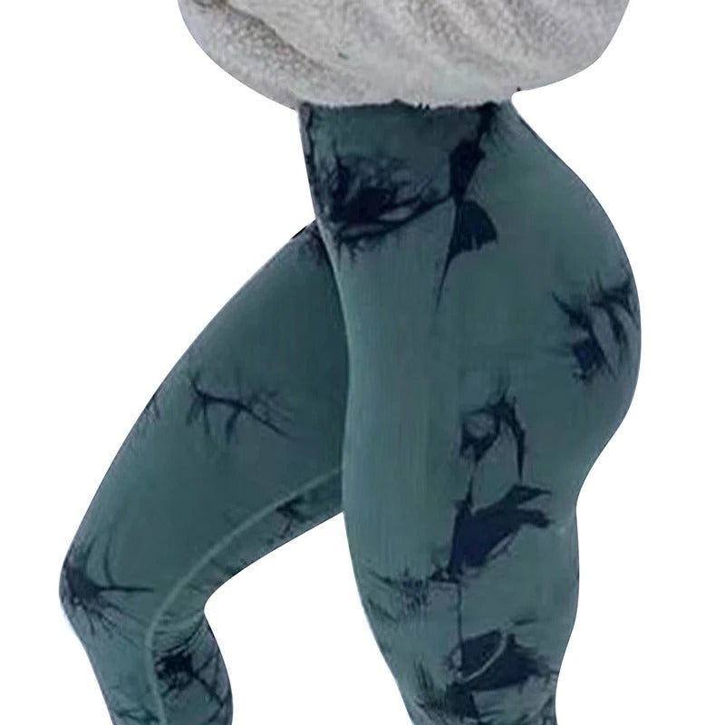 High wasted, tie dye yoga pants. Green and black pattern.