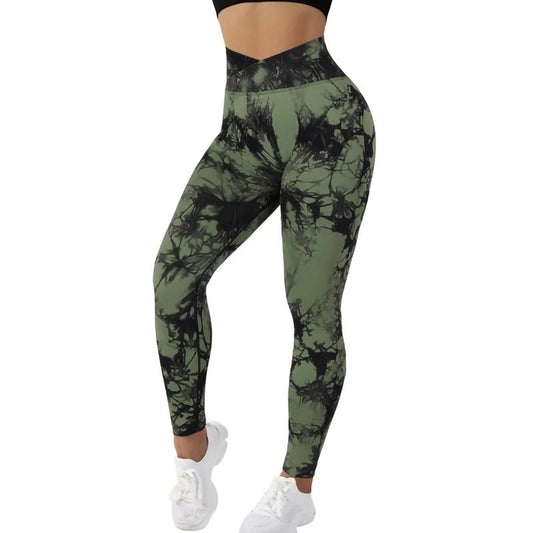 High wasted, tie dye yoga pants. Military Green and black pattern.