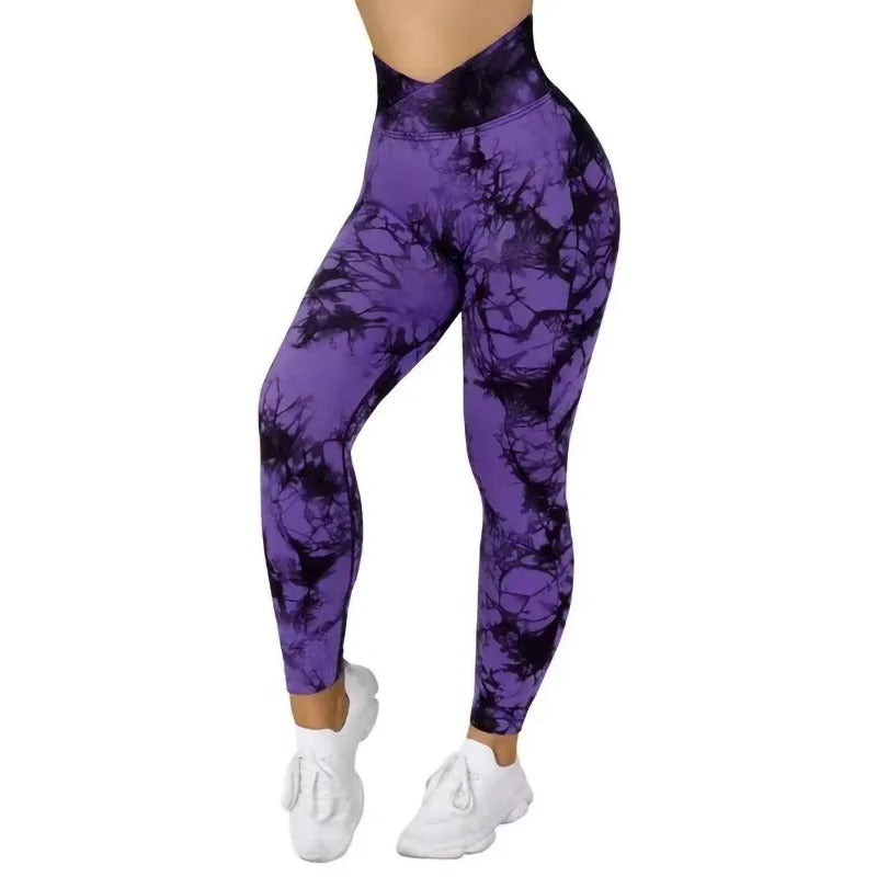 High wasted, tie dye yoga pants. Purple and black pattern.