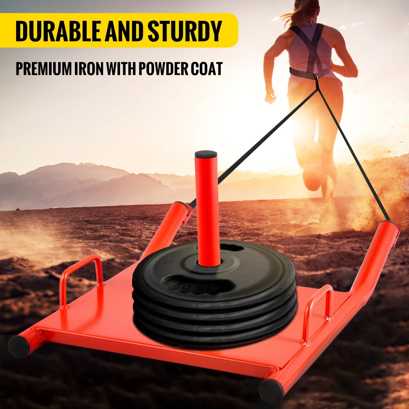 Woman using heavy duty red weight sled. 