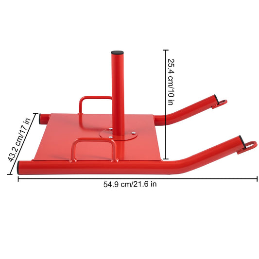 Red heavy duty weight sled with dimensions. 