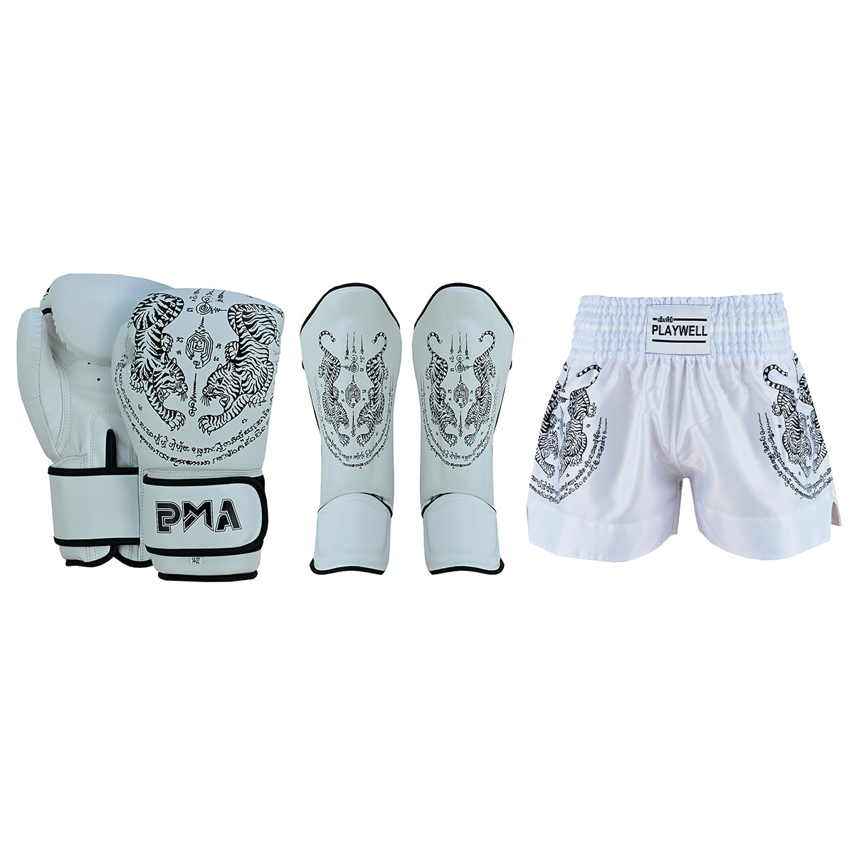 Twin Tigers Muay Thai Boxing Gloves, Shin Pads & Shorts - White