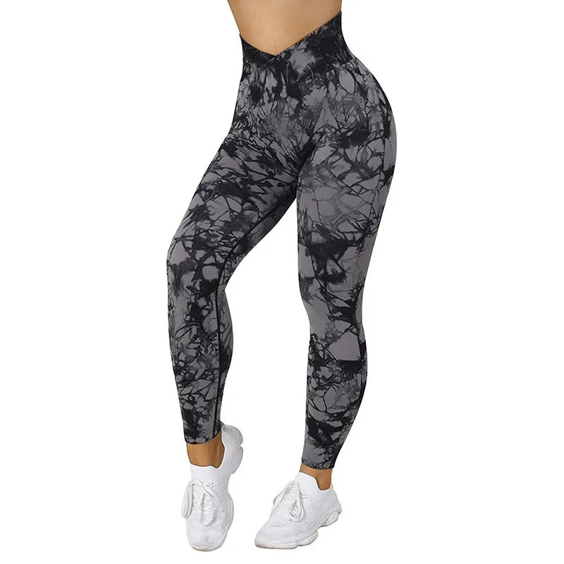 High wasted, tie dye yoga pants. Grey and black pattern.