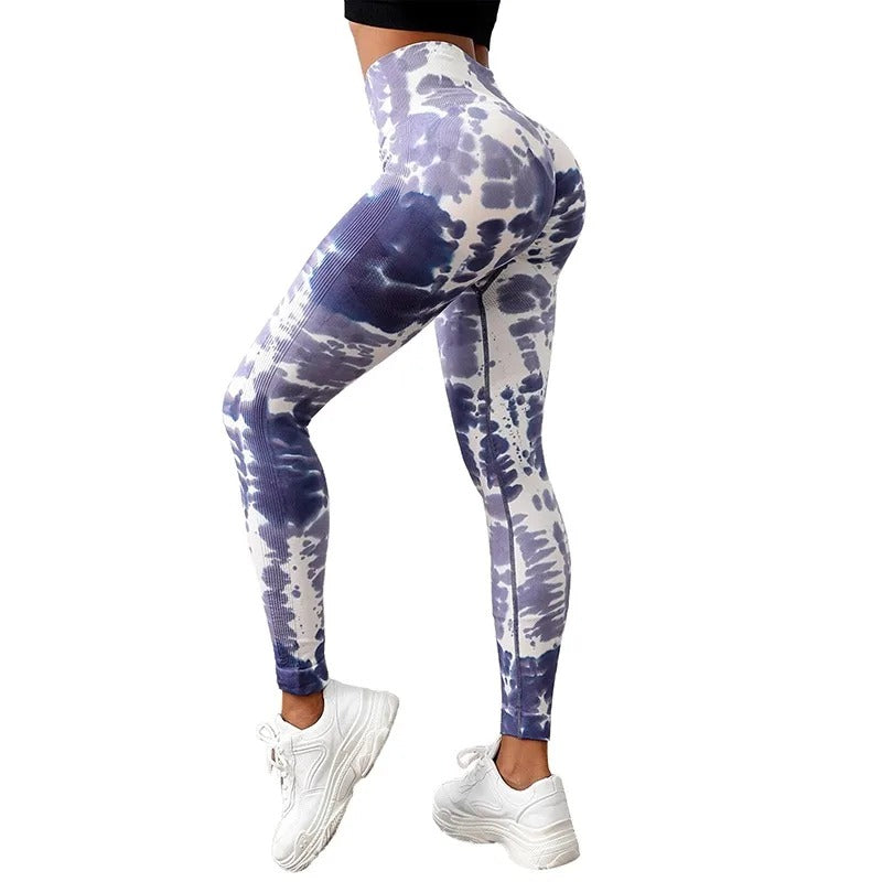 High wasted, tie dye yoga pants. Blue and white pattern.