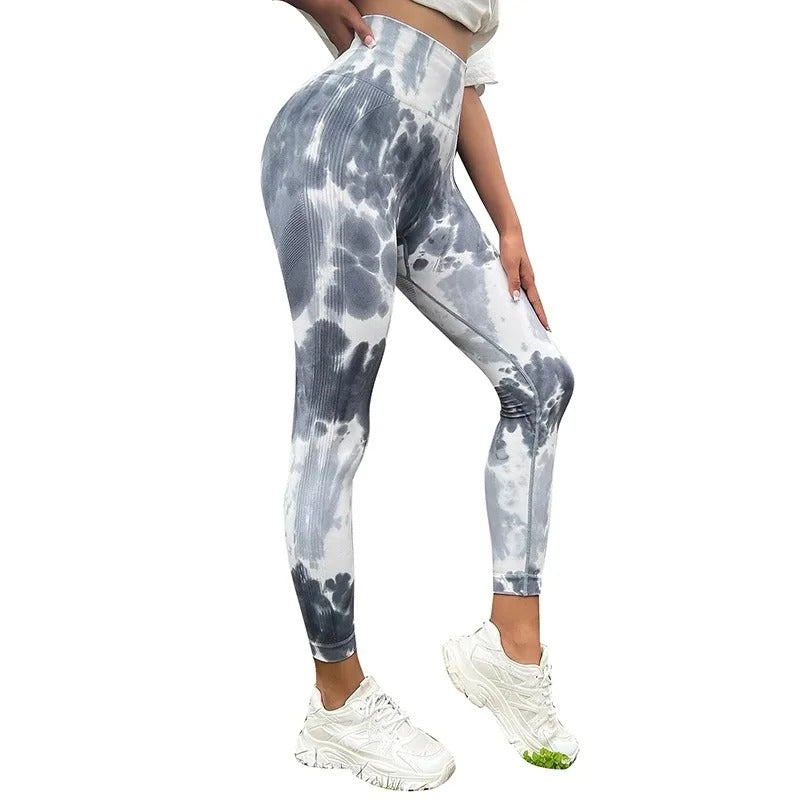 High wasted, tie dye yoga pants. Grey and white pattern.