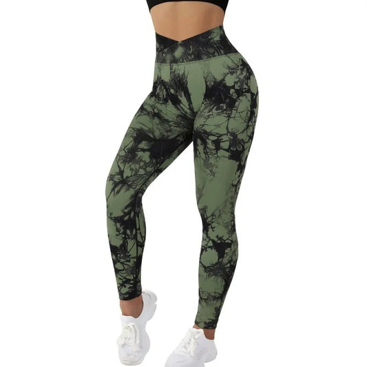 High wasted, tie dye yoga pants. Military Green and black pattern.  