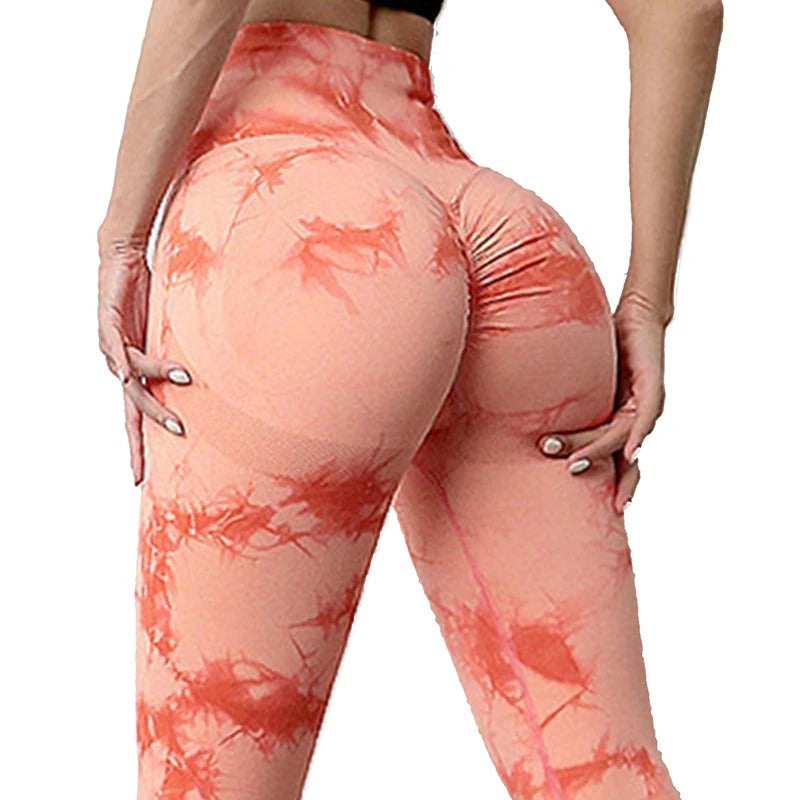High wasted, tie dye yoga pants. Pink pattern.