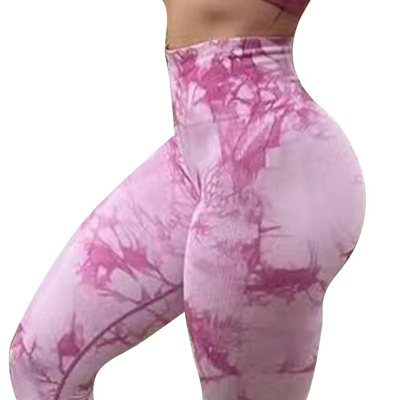 High wasted, tie dye yoga pants. Dark pink pattern.