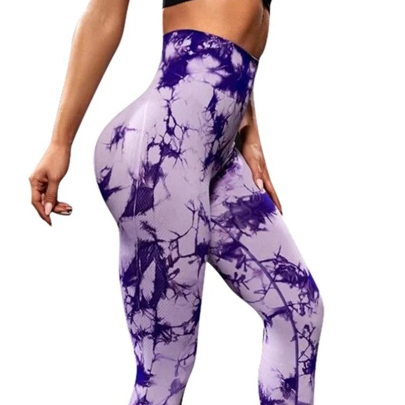 High wasted, tie dye yoga pants. Pink and purple pattern.