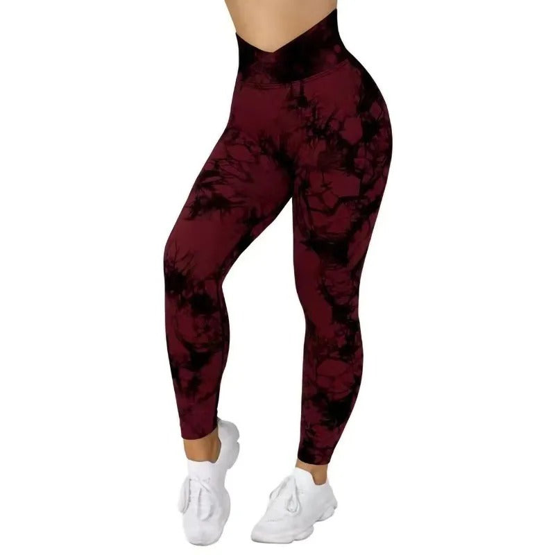 High wasted, tie dye yoga pants. Red and black pattern.