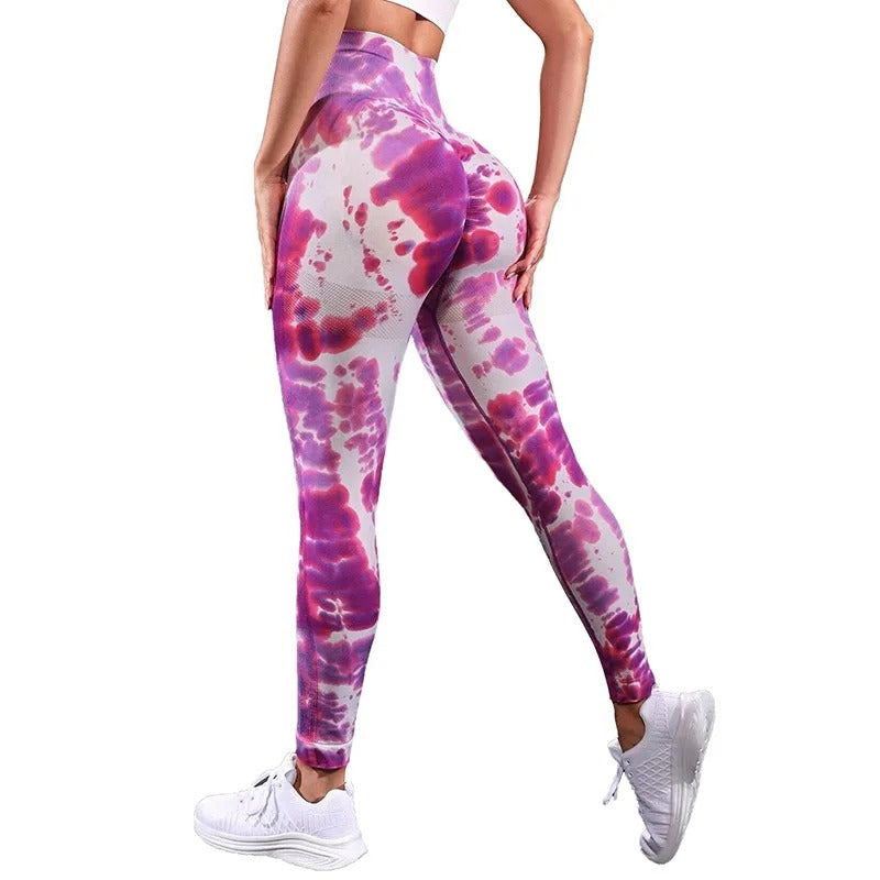 High wasted, tie dye yoga pants. Pink multicoloured  pattern.